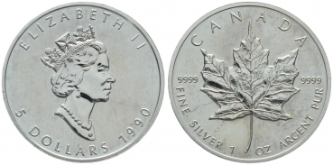 Kanada 5 Dollars 1990 Maple Leaf - 1 Unze Feinsilber